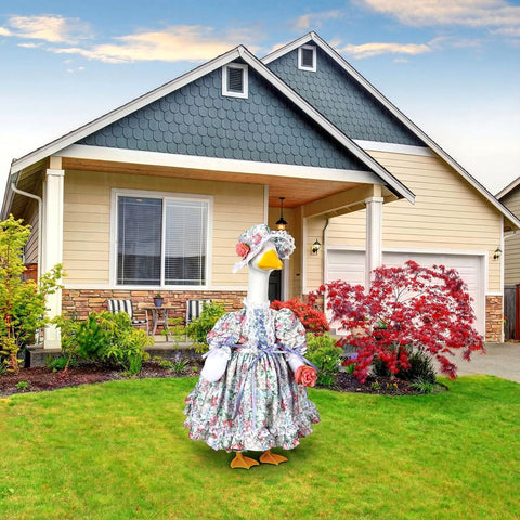 Country roses pattern on Suzile porch goose outfit adds rustic charm.