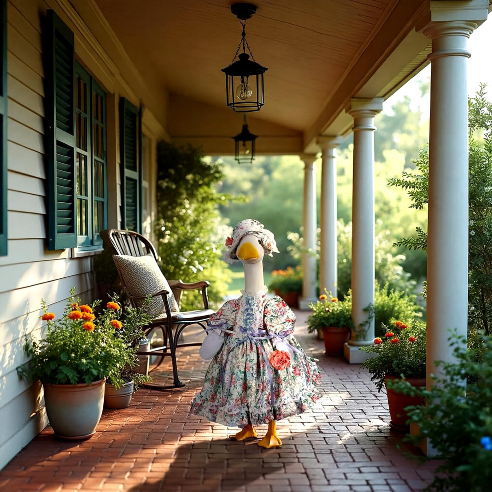 Durable fabric detail showing rose print on the Suzile porch goose dress.
