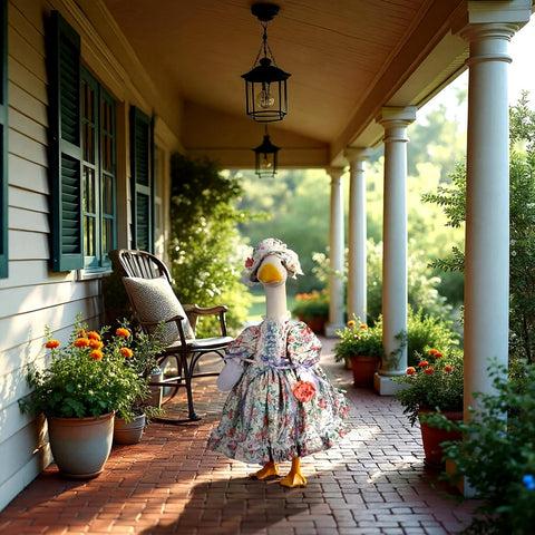 Durable fabric detail showing rose print on the Suzile porch goose dress.