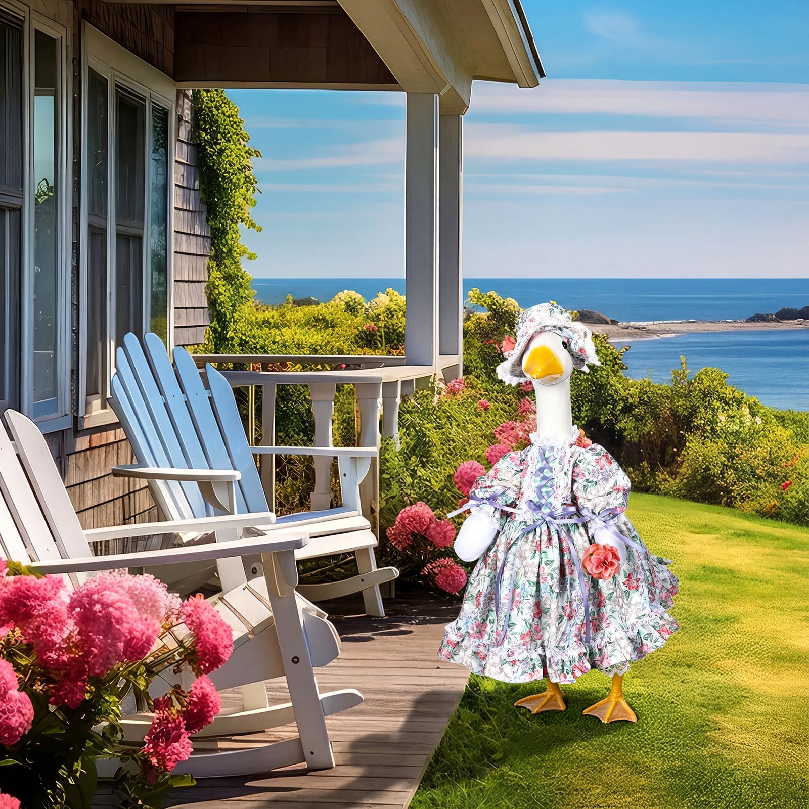 Suzile porch goose as a photo prop for spring garden parties.