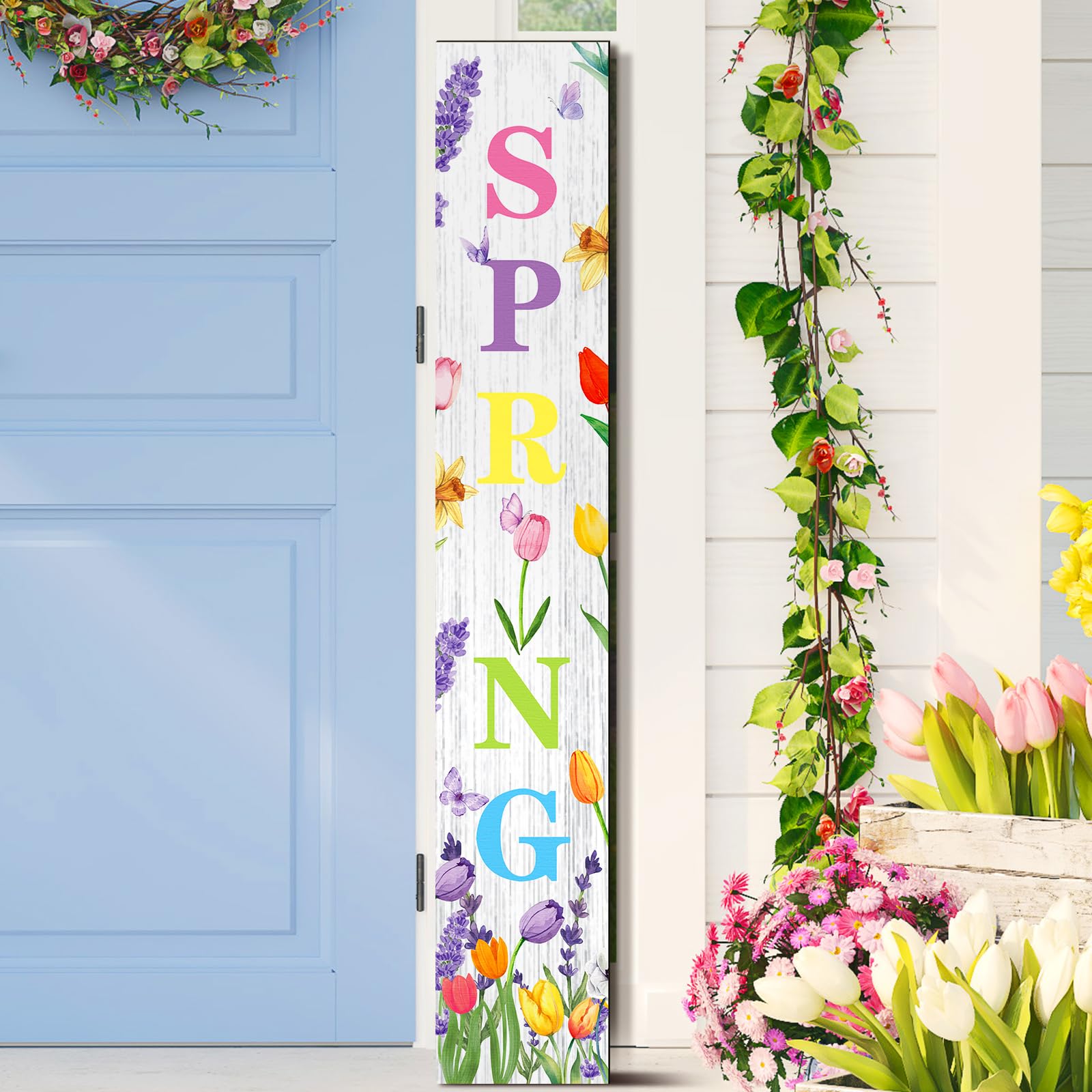 Suzile spring tulip front door sign standing display enhances curb appeal.