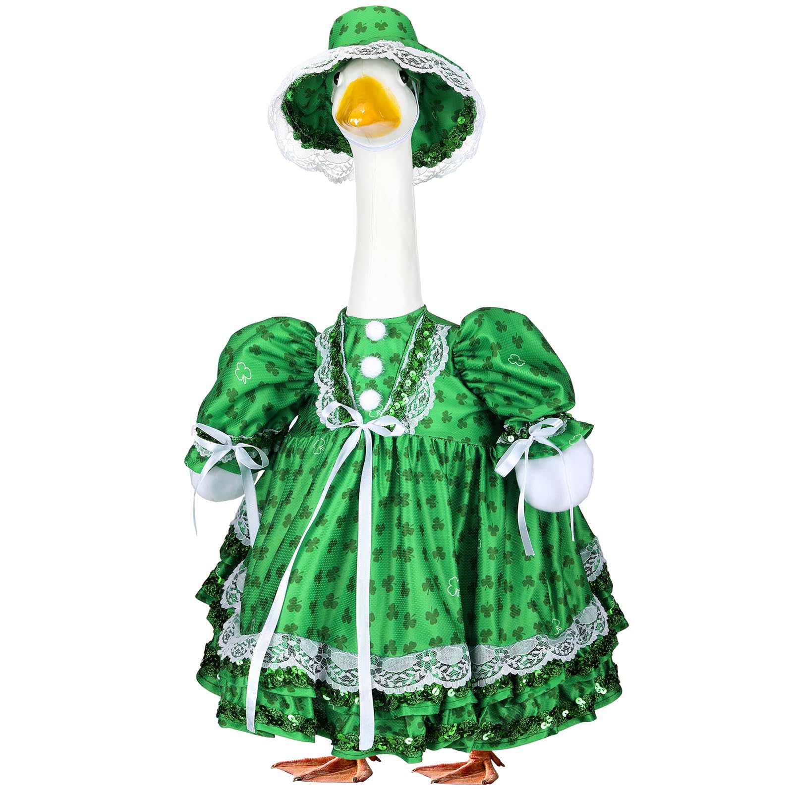 Suzile St Patrick's Day goose outfit with cap and cape for festive porch decor