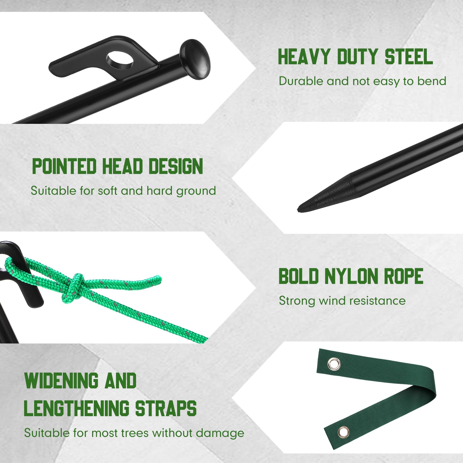 Suzile stakes adapt to mud, sand, grass, or rocky soil for versatile use.