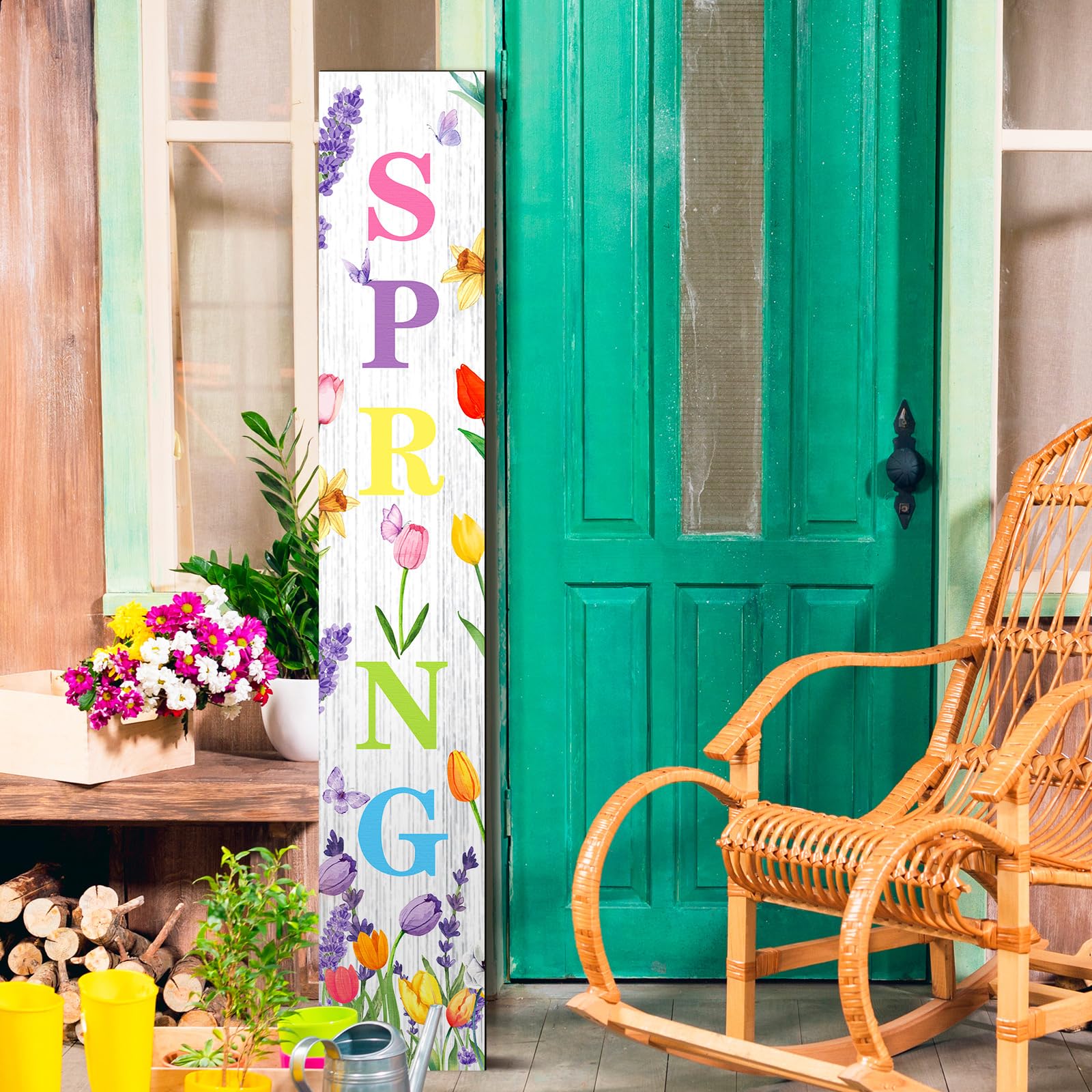 Suzile tulip porch sign with vibrant colors welcomes visitors outdoors.