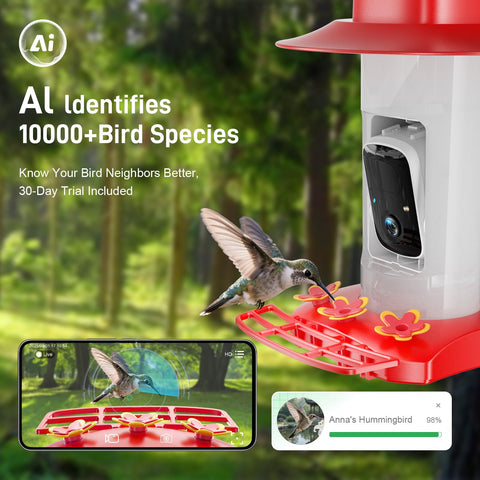 SV3C hummingbird feeder with ant moat and bee-proof ports protects nectar.