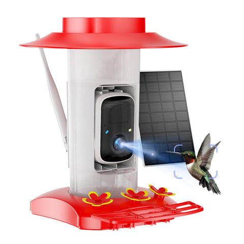 SV3C hummingbird feeder camera in outdoor setup offering live 2K view and instant app alerts.