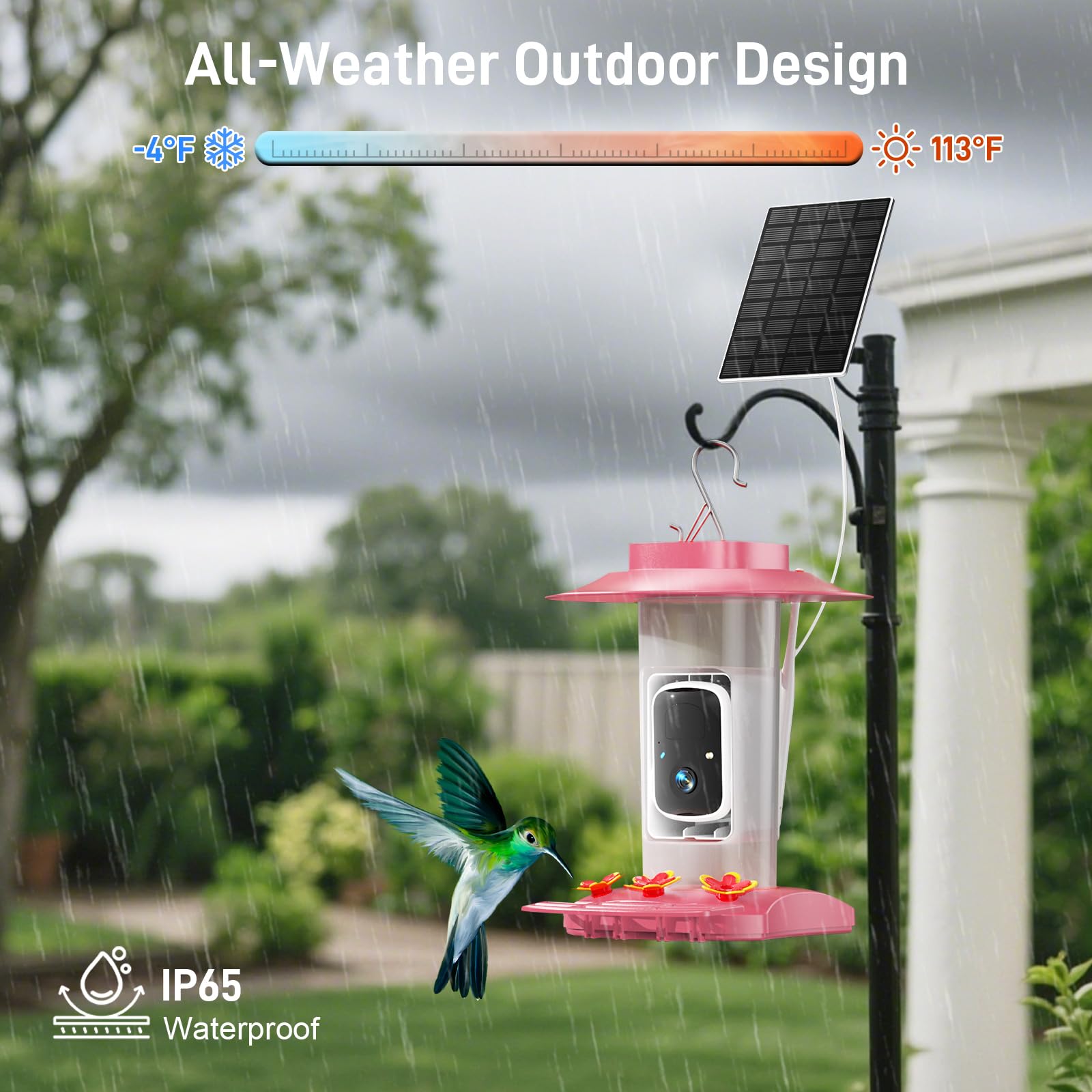 SV3C hummingbird feeder IP65 weatherproof design withstands rain and wind.
