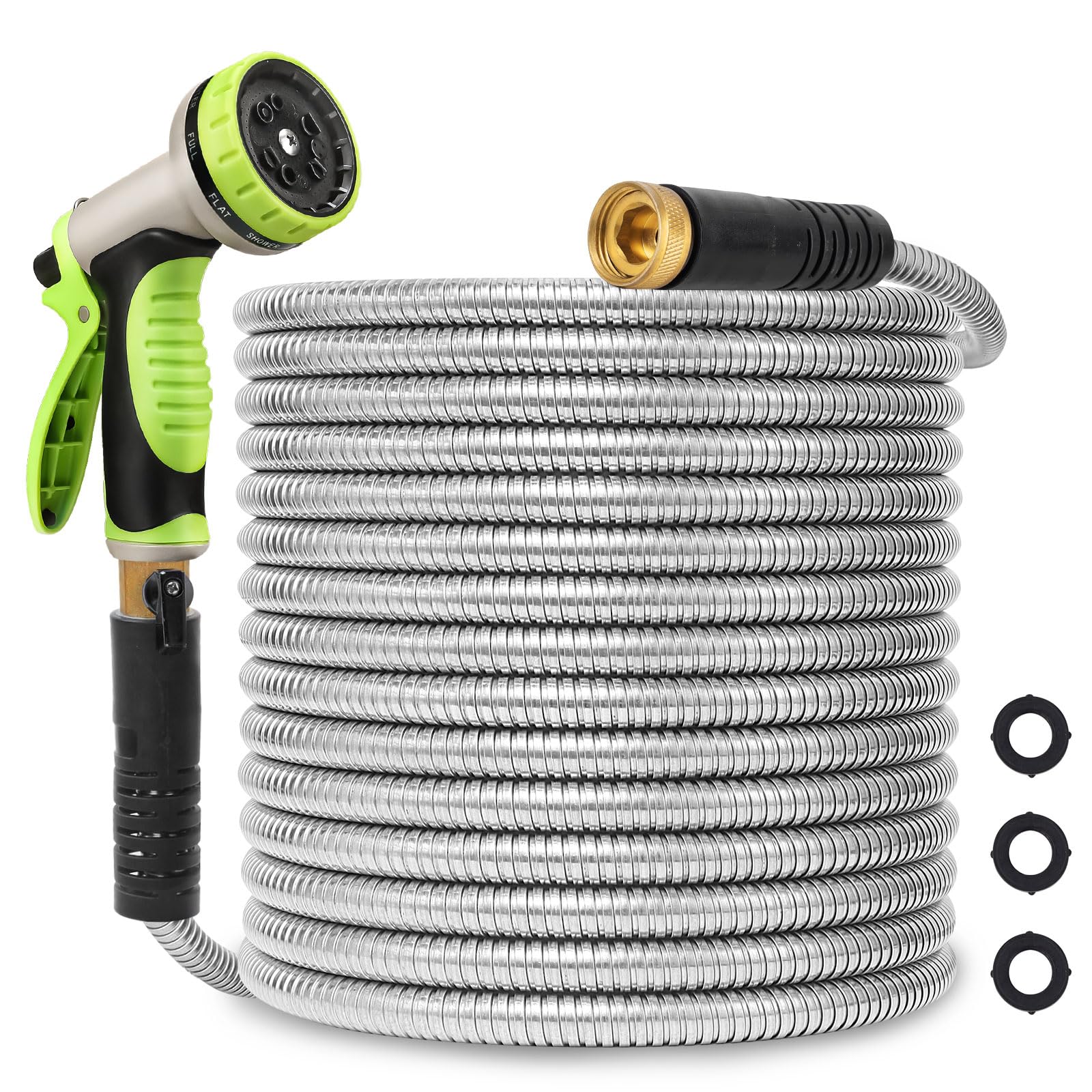 Svansea metal hose 100ft coil view showing durable stainless steel construction for outdoor use.
