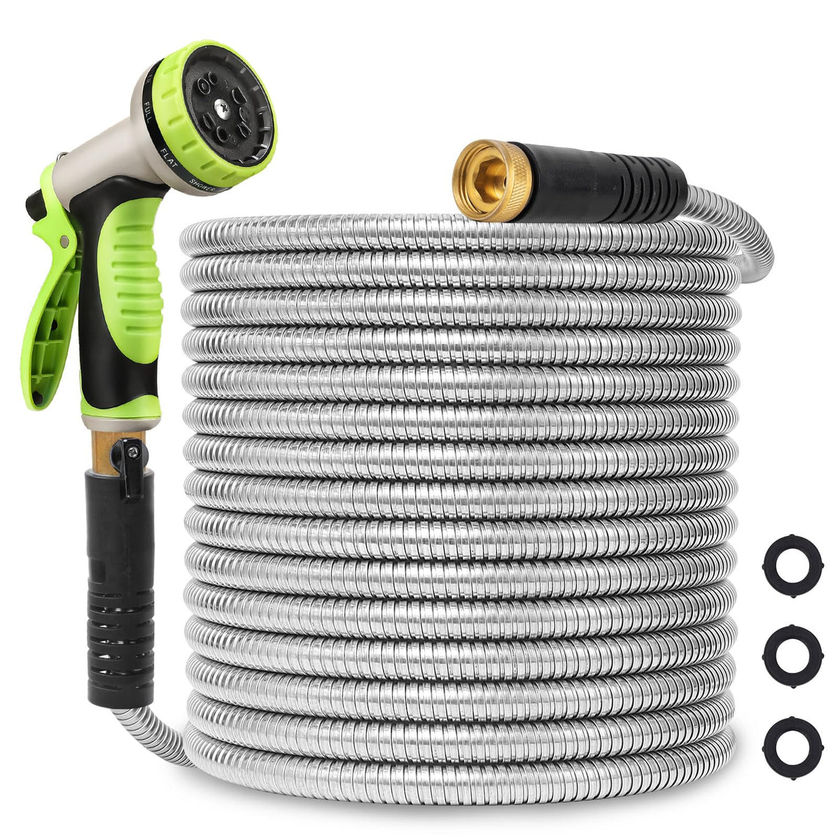 Svansea metal hose 100ft coil view showing durable stainless steel construction for outdoor use.