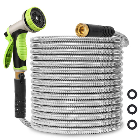 Svansea metal hose 100ft coil view showing durable stainless steel construction for outdoor use.