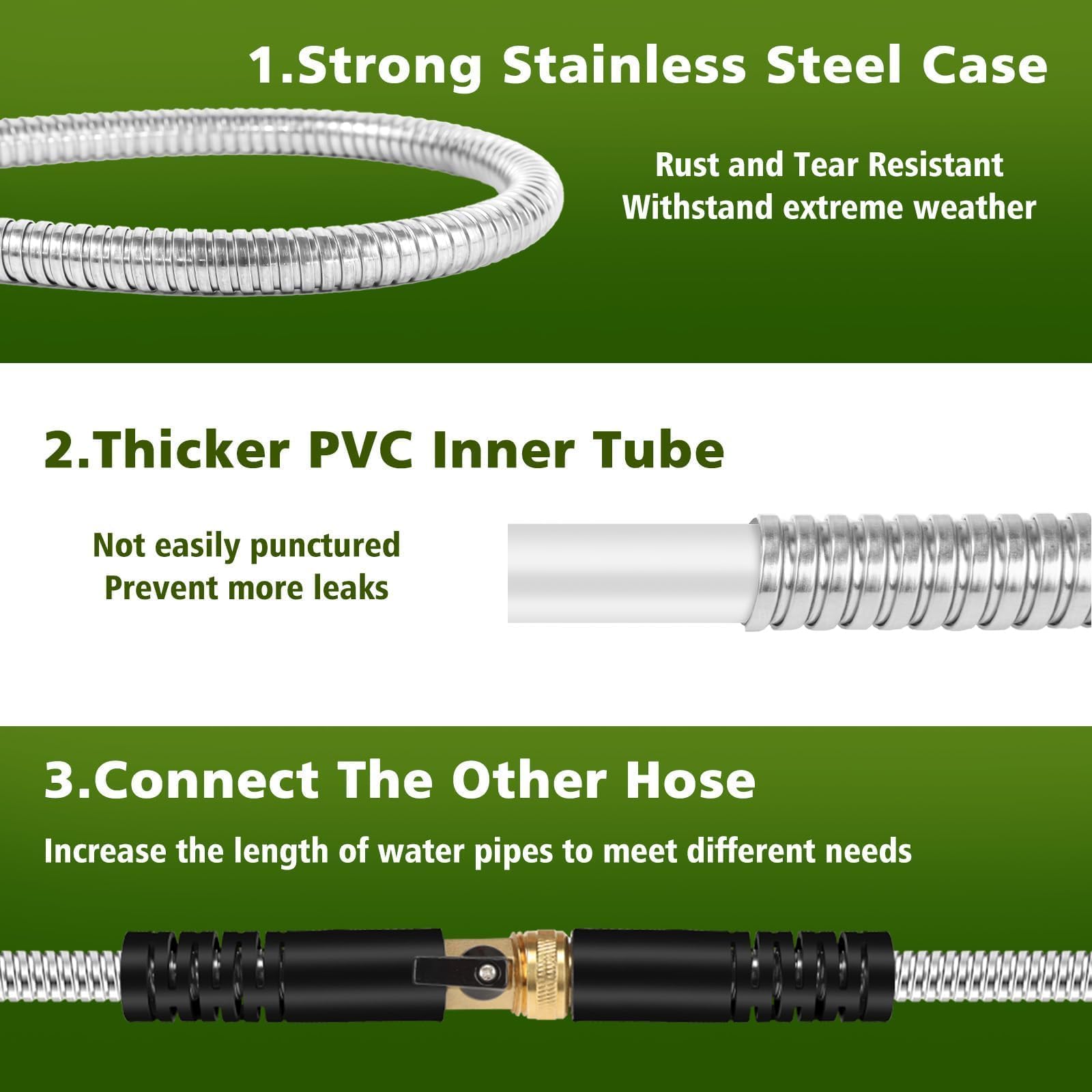 Svansea metal hose brass fittings closeup highlighting leakproof connectors and sturdy build.