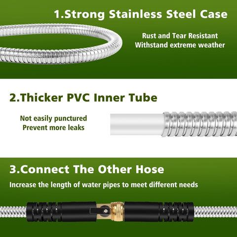Svansea metal hose brass fittings closeup highlighting leakproof connectors and sturdy build.