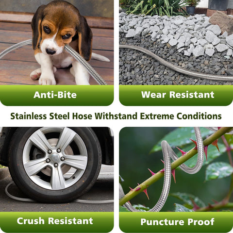 Svansea metal hose in use watering plants for easy reach and smooth water flow.