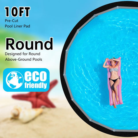Svepndic round pool pad in-use under pool floor protecting liner from rocks.