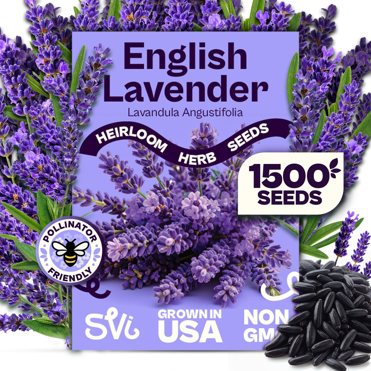 SVI lavender seeds packaging showing abundant non-GMO seeds for home gardens