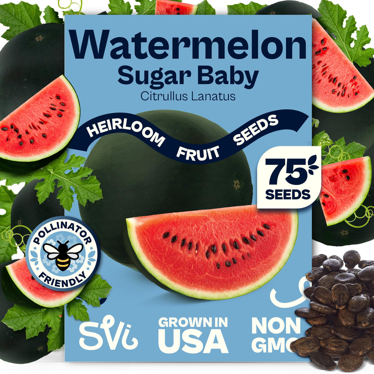 SVI Sugar Baby seeds ready for garden planting in rich soil.