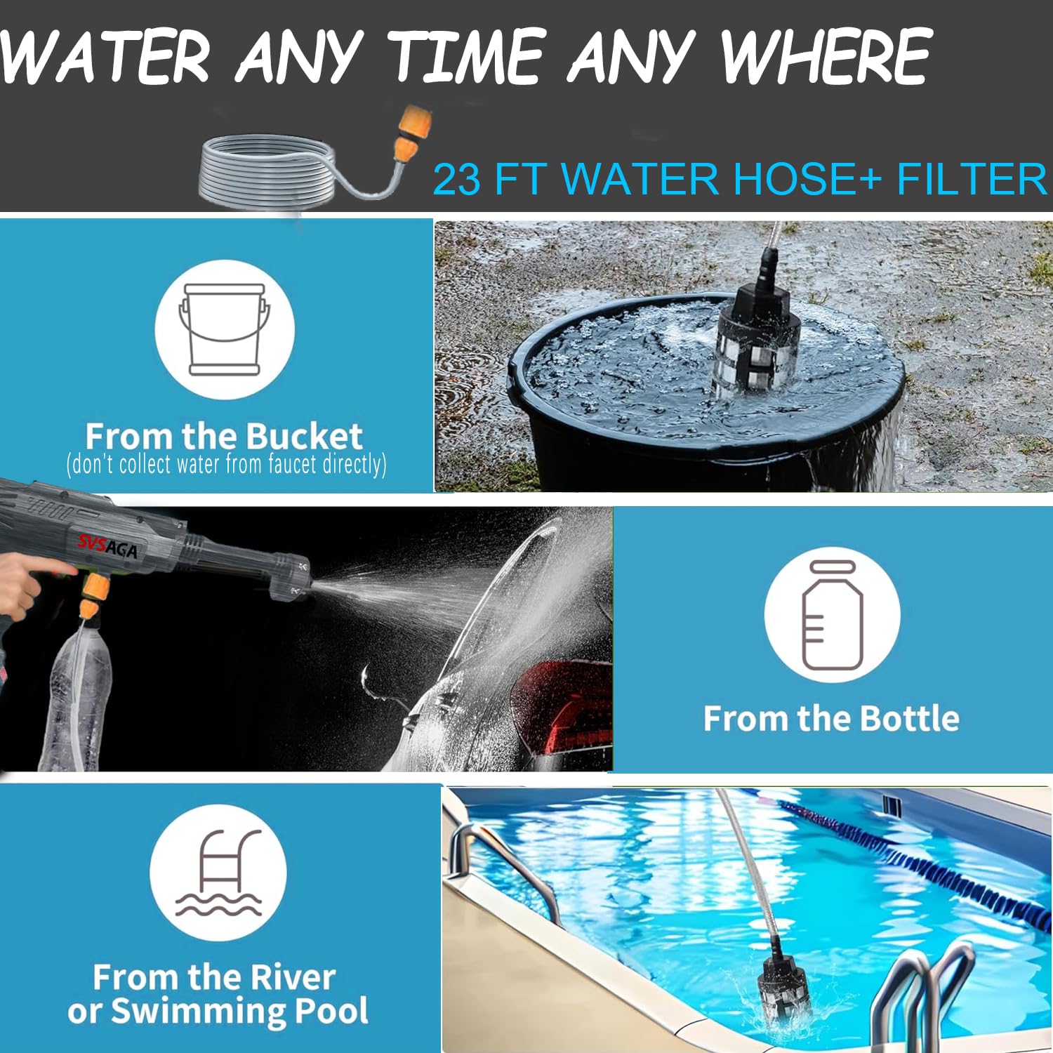 SVSAGA built-in water filter protects motor from debris