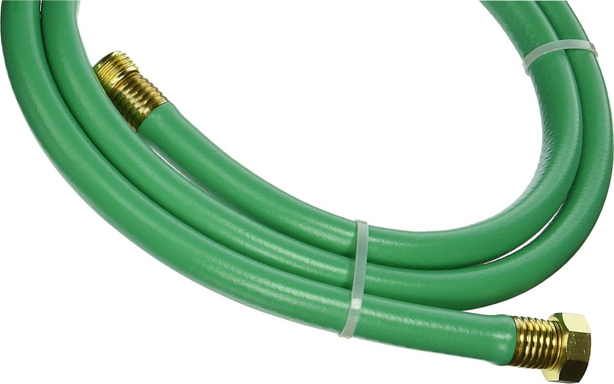 Close-up of Swan leader hose crush-resistant aluminum couplings for durable outdoor use.
