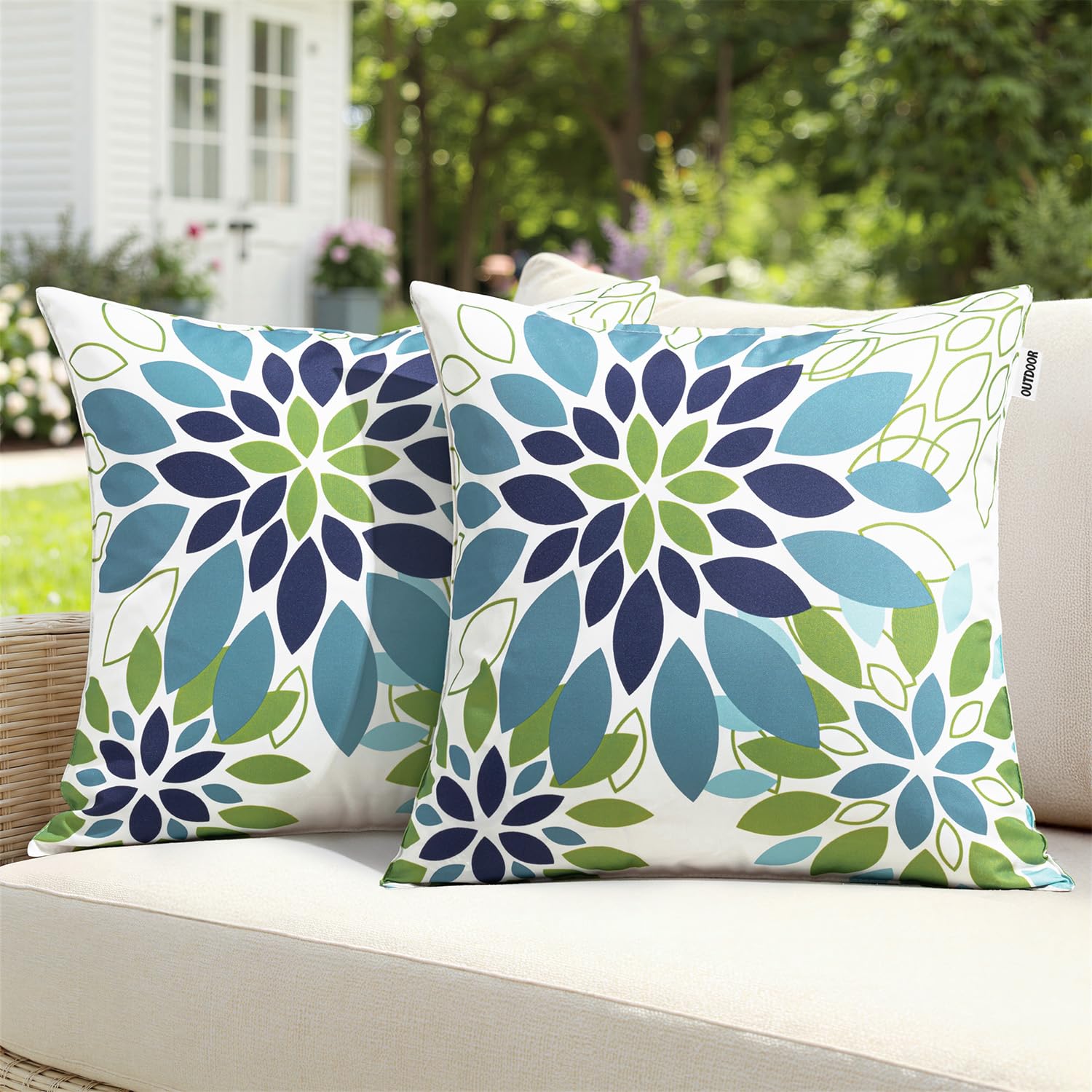 SWANCOCO floral outdoor pillow cover in blue-green waterproof fabric for patios