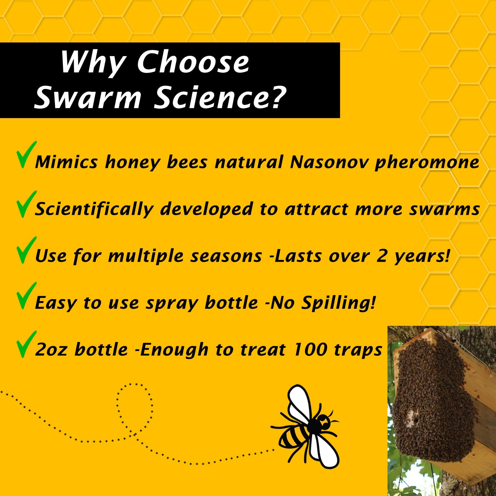 Closeup of Swarm Science Swarm Lure showing branding and nozzle