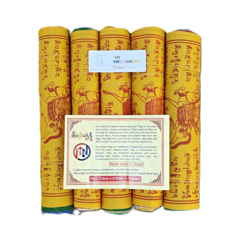 The Swayambhu 50-flags 11-meters cotton collection displayed outdoors for peaceful ambiance.