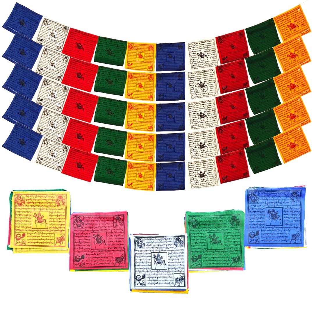 The Swayambhu authentic Tibetan prayer flags roll assembly fluttering in breeze for meditation spaces.