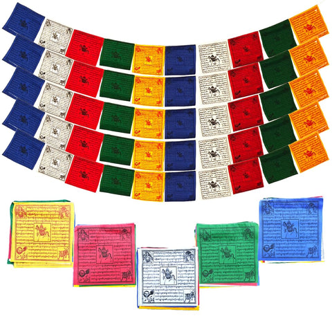 The Swayambhu authentic Tibetan prayer flags roll assembly fluttering in breeze for meditation spaces.