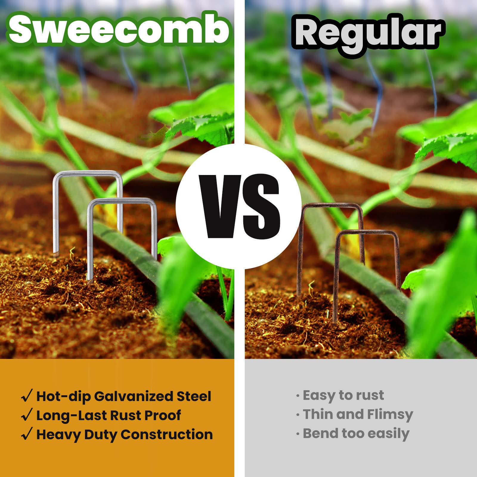 Sweecomb stake anchoring landscape fabric in place for clean edges