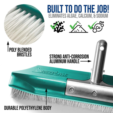 Brush with durable poly bristles scrubs algae and calcium buildup.