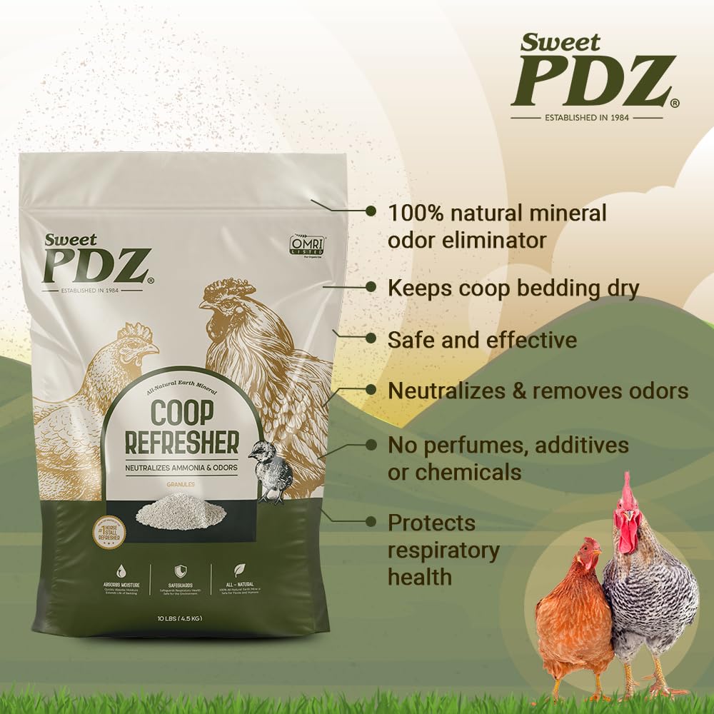 Sweet PDZ Coop Refresher being sprinkled into bedding to absorb moisture