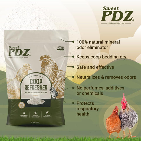 Sweet PDZ Coop Refresher being sprinkled into bedding to absorb moisture