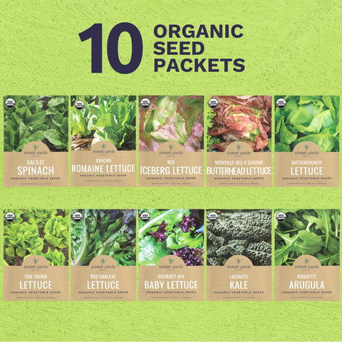 Sweet Yards 10 seed packets close-up, showing labeled varieties for versatile indoor or outdoor growing.