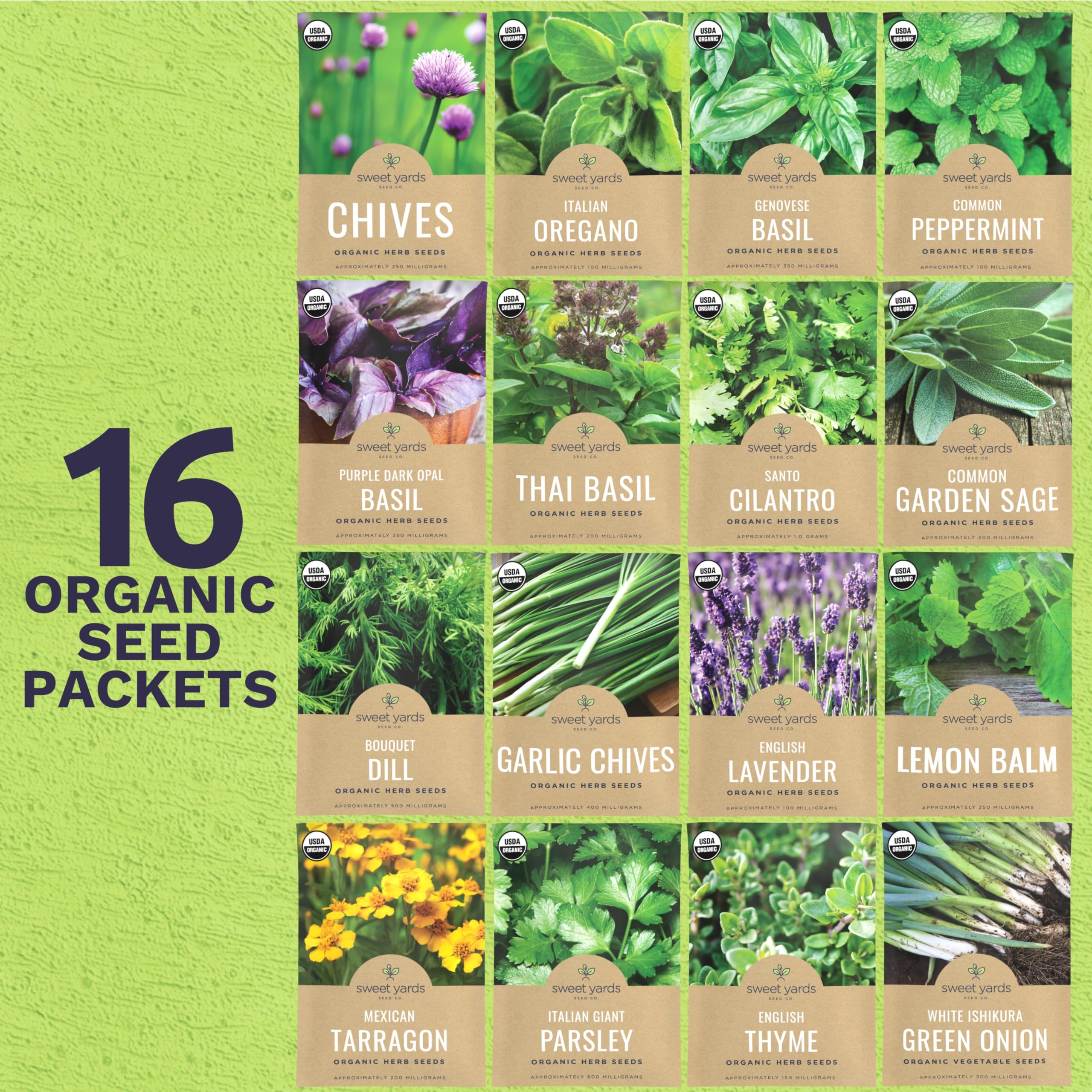 Sweet Yards 16 seed packets layout ideal for planning a versatile herb garden.