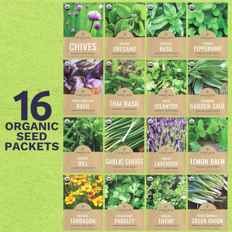 Sweet Yards 16 seed packets layout ideal for planning a versatile herb garden.