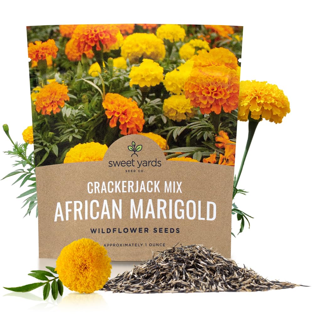 Sweet Yards Crackerjack marigold seeds packet for border planting