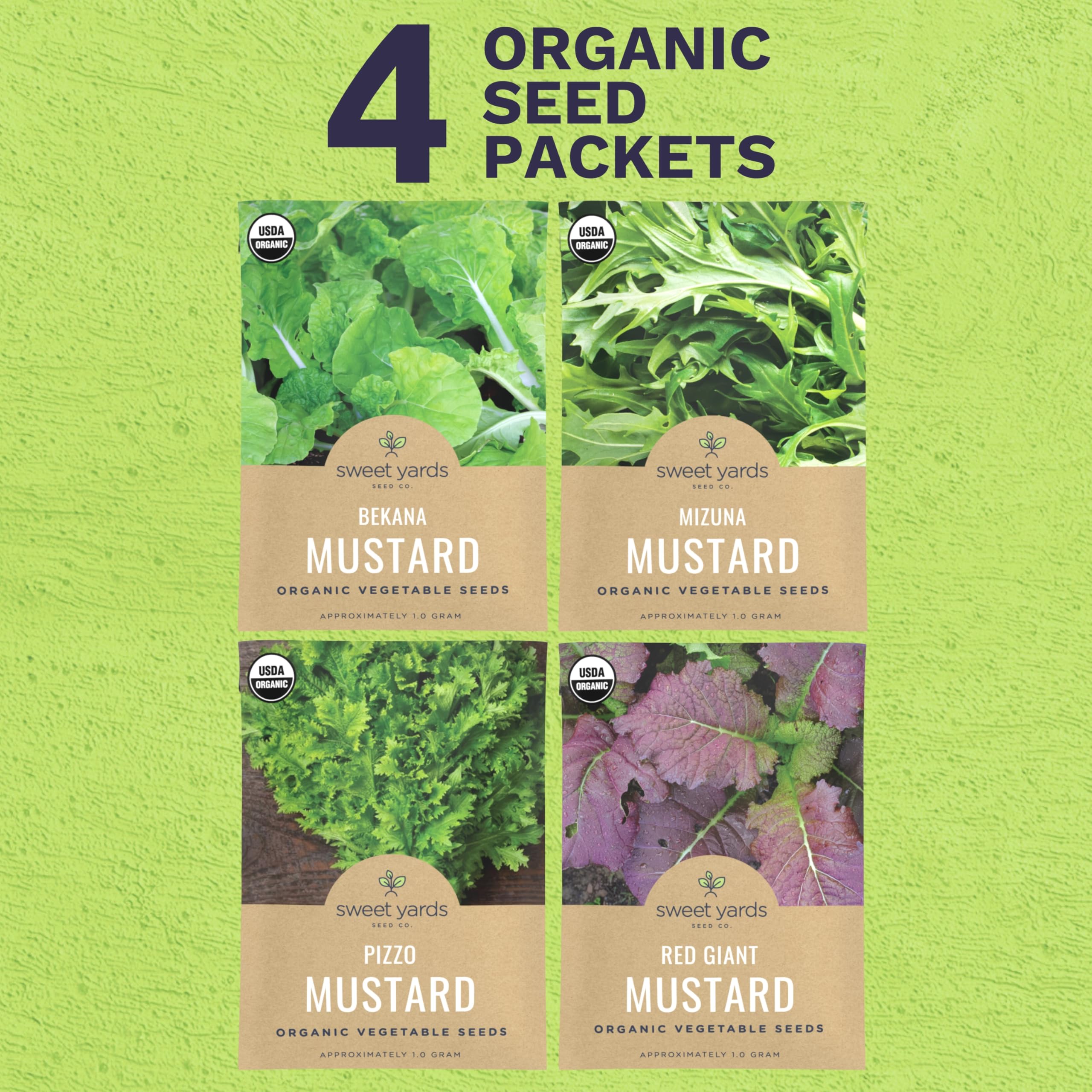 Sweet Yards Bekana Mustard seed packet for easy home gardening and fresh greens.