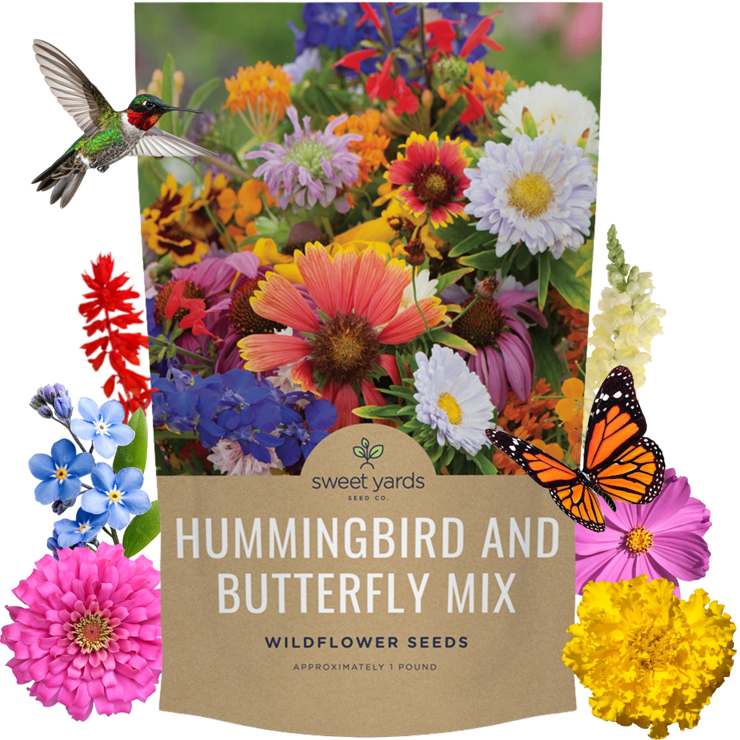 Sweet Yards 1lb bulk wildflower seeds bag close-up for easy planting and vibrant blooms.