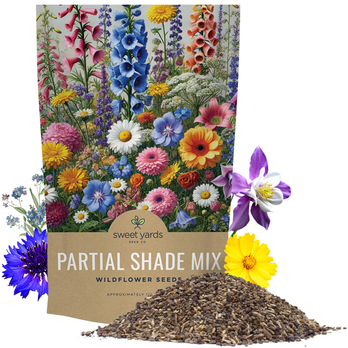 Sweet Yards bulk wildflower seeds in a partial shade bag ready for garden coverage.