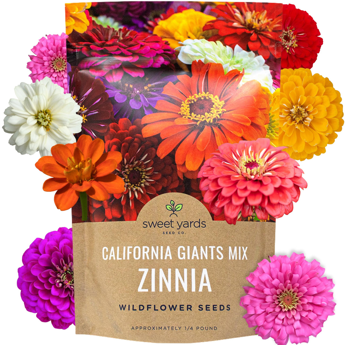 Sweet Yards bulk zinnia California Giants seeds inside a 1 lb bag for large color bursts