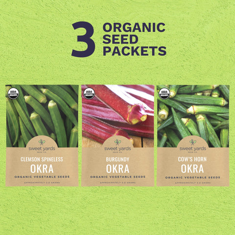 SWEET YARDS Burgundy okra seed packet for vibrant pods and dependable growth.