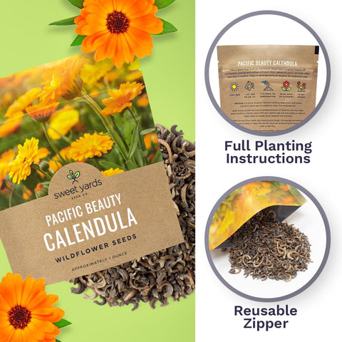 Sweet Yards Calendula Pacific Beauty Mix open-pollinated seeds support garden diversity