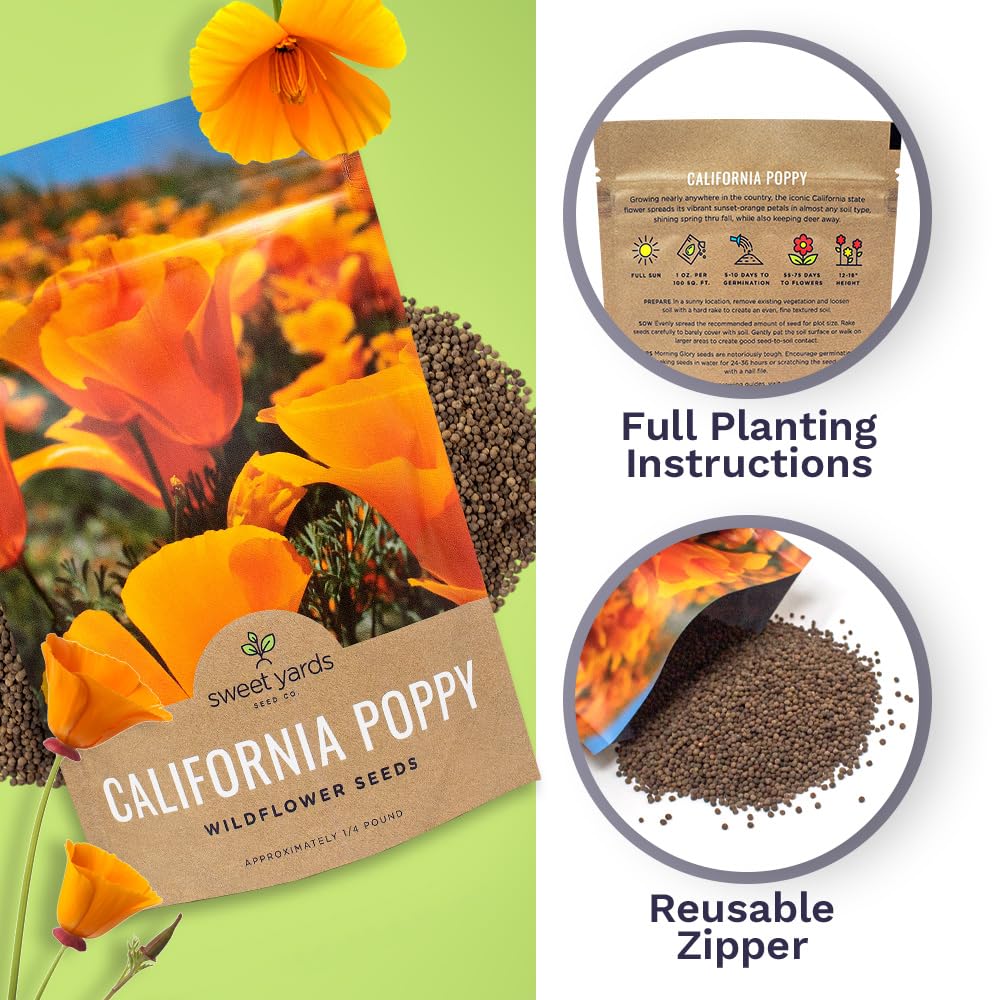 Sweet Yards California Orange Poppy seeds planting booklet demonstrates simple sowing and care steps.
