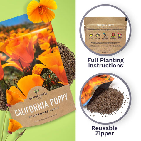Sweet Yards California Orange Poppy seeds planting booklet demonstrates simple sowing and care steps.