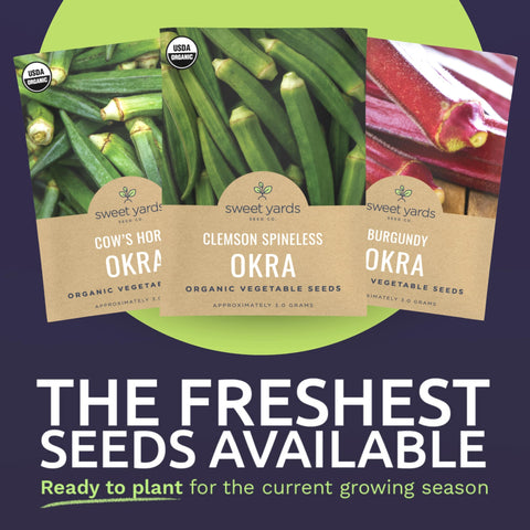 SWEET YARDS Clemson Spineless okra seed packet for high germination and tender pods.