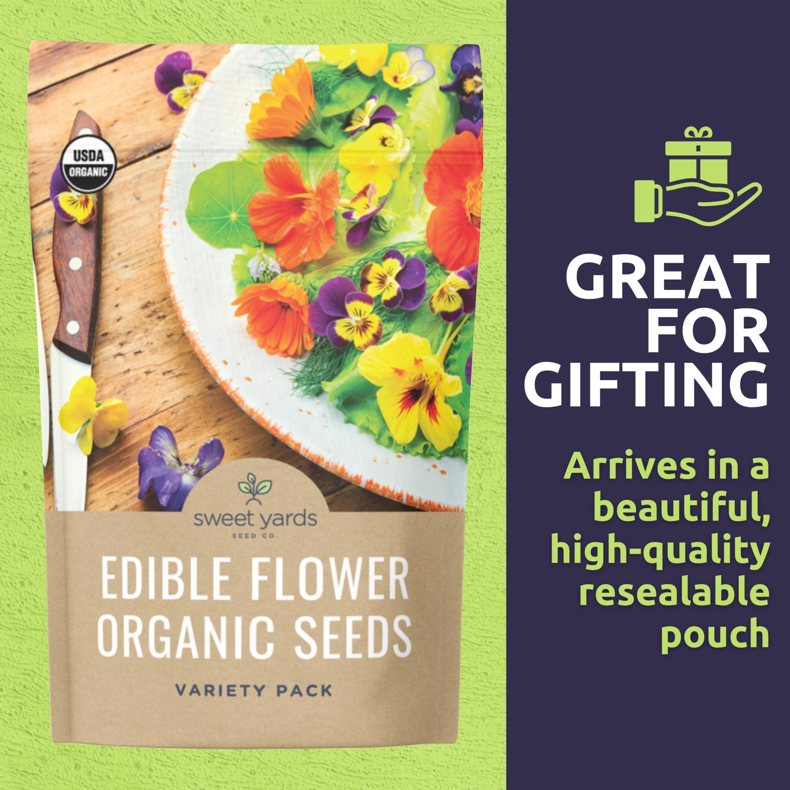 Sweet Yards colorful edible flowers in garden scene for salads and garnishes.