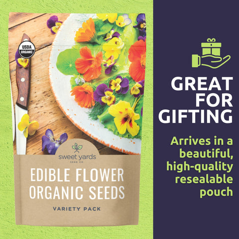 Sweet Yards colorful edible flowers in garden scene for salads and garnishes.