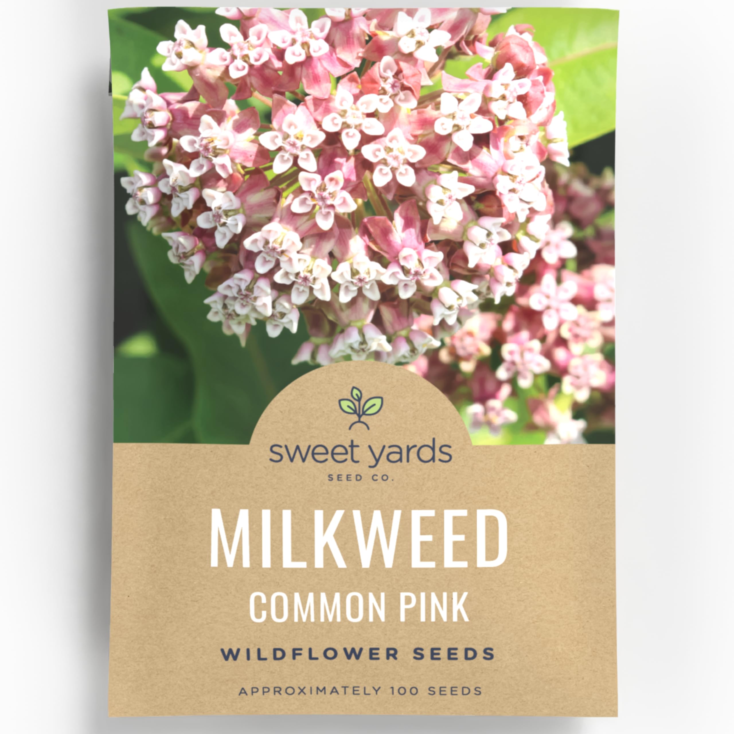 Sweet Yards Common Pink Milkweed 600mg envelope with live seeds for pollinator gardens.