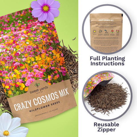 Reusable zipper bag for storing SWEET YARDS cosmos seeds after purchase
