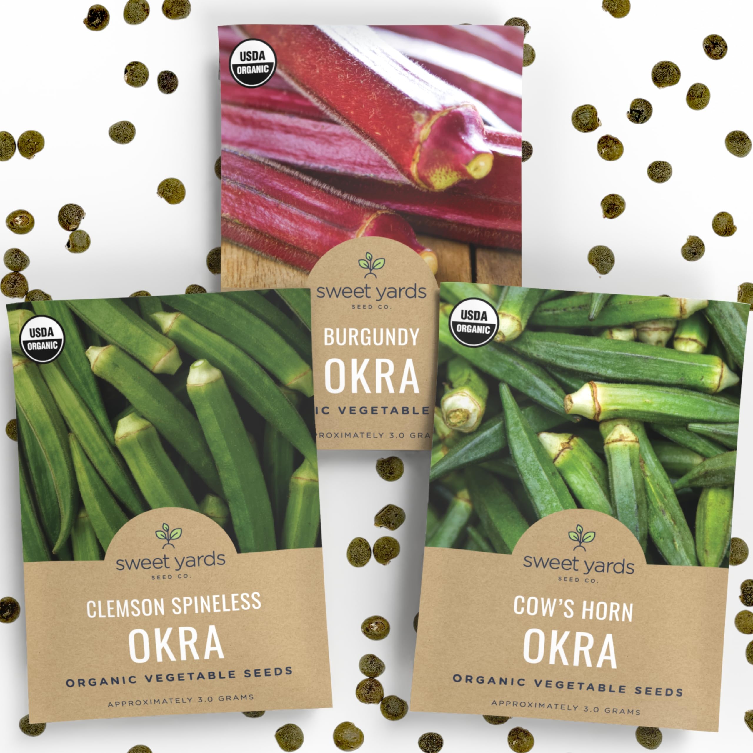 SWEET YARDS Cowhorn okra seed packet for reliable germination and bountiful summer harvest.