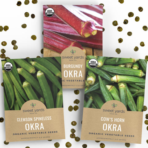 SWEET YARDS Cowhorn okra seed packet for reliable germination and bountiful summer harvest.